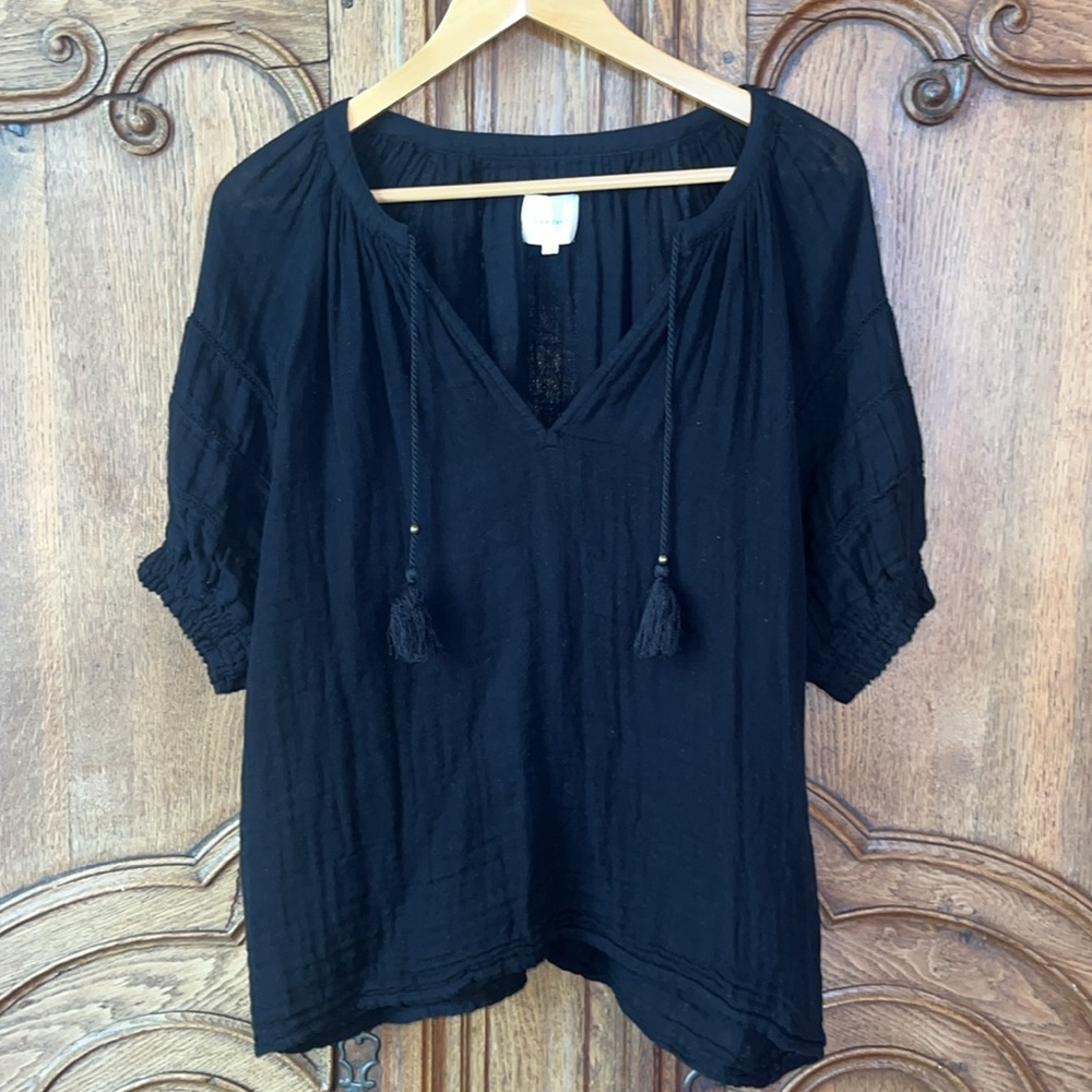 Sundays Colette Eyelet Puff Sleeve Blouse Top Womens 3 Black Cotton Tasseled - Picture 6 of 16